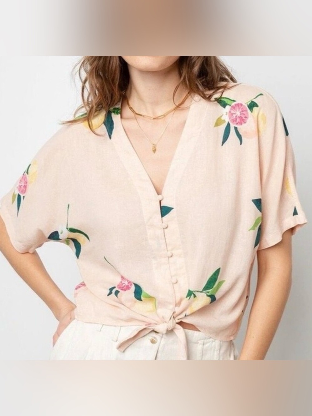 Rails Thea XS Pink Grapefruit Linen Blend Tie Front Citrus Blouse Floral